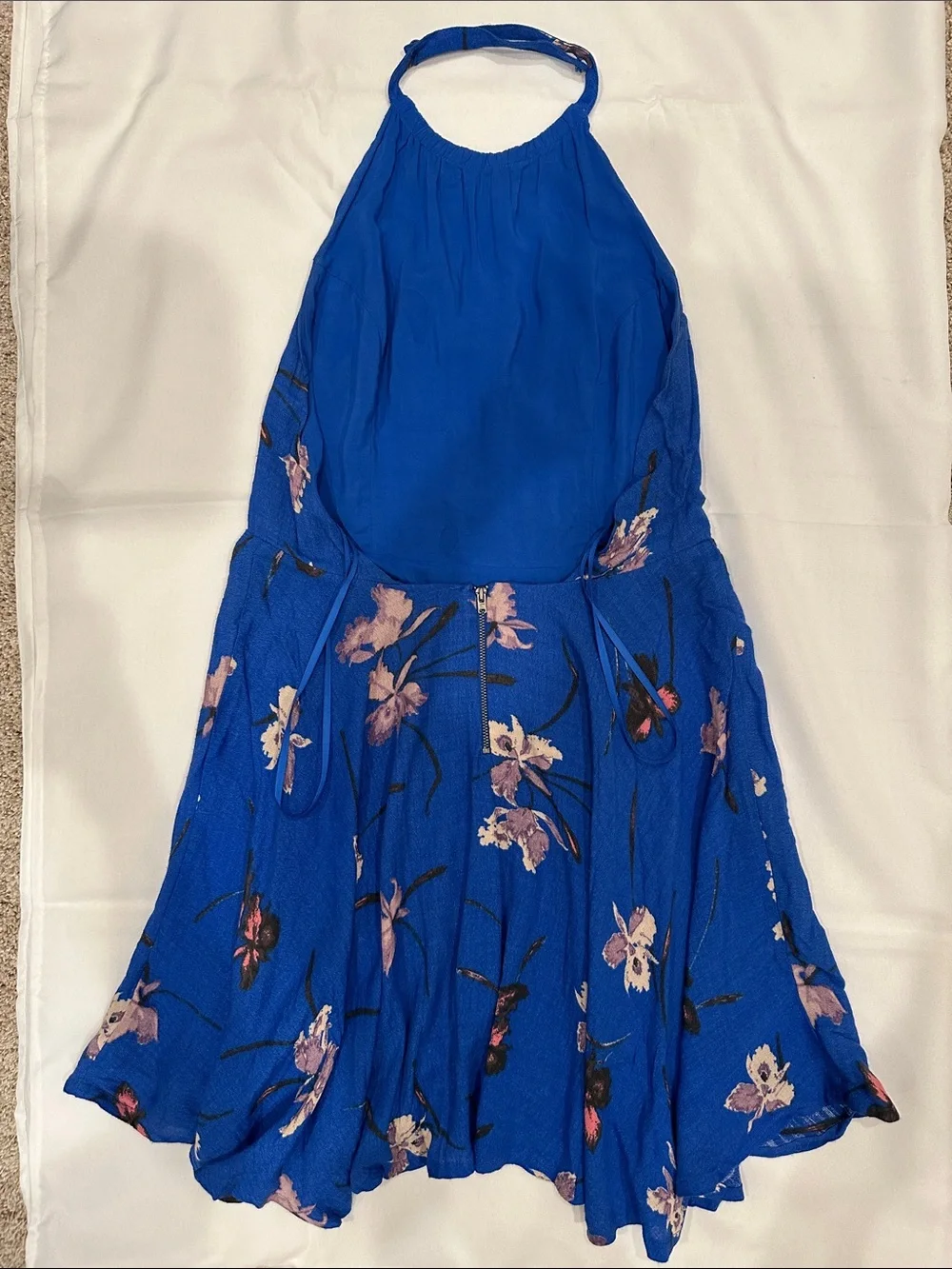Free People Cobalt Blue Floral High-Neck Halter Mini Dress, size 8